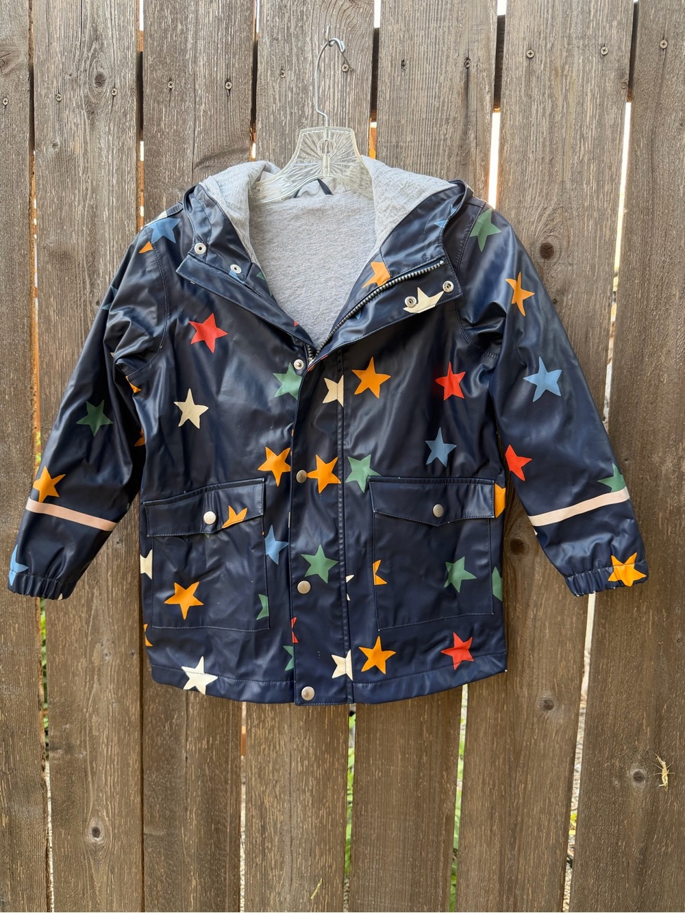 Size 6-7y Hanna Andersson Navy Star-Print Rubberized Hooded Raincoat JerseyLined